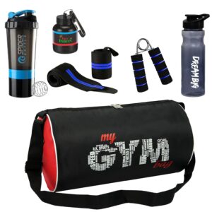 Treu Indian New Gym Bag Combo for Men Combo Set for Men and Women Workout – Boost Your Workout with Gym Bag,Wrist Band,Mini Gripper & Whey Container Bottle Sipper Bottle/Gym Shaker (Blue)