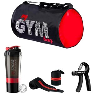 True Indian Duffle Gym Bag Combo for Men Gym Bag with Shoe Compartment and, Shaker Bottle Wrist Band Hand Gripper Gym kit for Men and Women Gym Bag & Fitness Kit & Gym Bag Combo (Red)