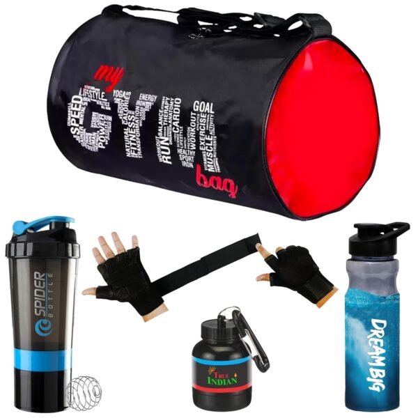 True Indian Gym Bag Combo for Men Gym Bag with Shoe Compartment and, Shaker Bottle Gym Gloves Whey Container Gym kit for Men and Women l Gym Bag & Fitness Kit & My Gym Bag Combo (Blue)