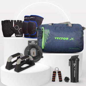 Vector X Stealth Gym Bag Combo Shaker, Pushup Bar, Skipping Rope, Hand Grip, Gym Glove, Knee Cap ll Gym kit for Men and Women