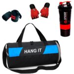 Hang It Gym Bag Combo for Men ll Gym Bag with Shoe Compartment and, Red Bottle, Red Wristband, Red Gloves ll Gym kit for Men and Women ll Gym Bag & Fitness Kit & Gym Bag Combo (Black)