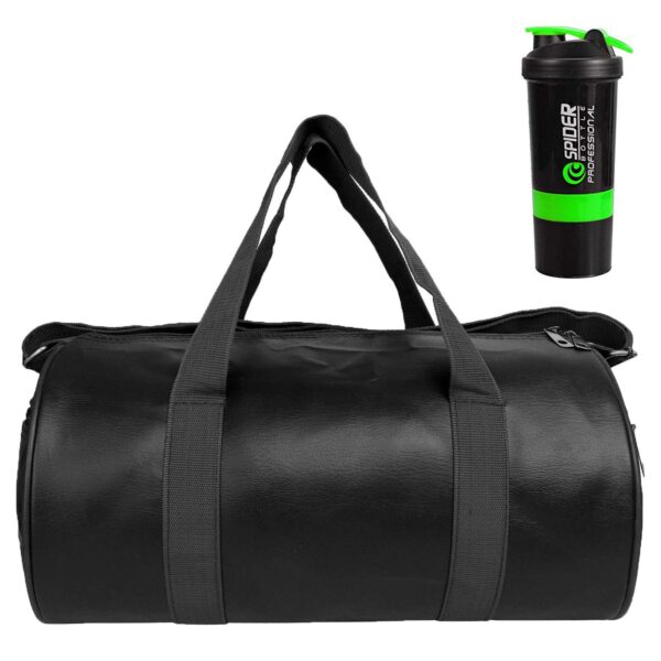 JAISBOY Black Gym Bag Combo Sports Men’s Combo of Leather Gym Bag, Spider Bottle Green Shake Fitness Kit Accessories