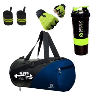 Hang It Gym Bag Combo for Men ll Gym Bag with Shoe Compartment and, Green Bottle, Green Wristband, Green Gloves ll Gym kit for Men and Women ll Gym Bag & Fitness Kit & Gym Bag Combo.