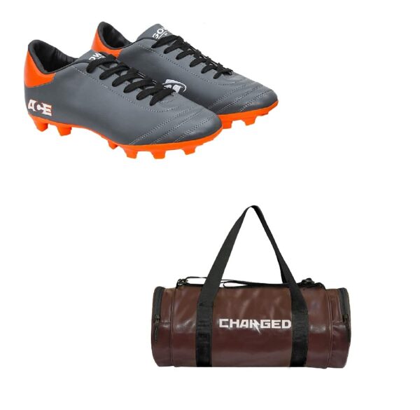 Charged Sports Bag Artize Brown With Gowin Football Shoe Ace Grey Orange Size-10