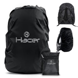 HACER Rain Cover for Backpack with Pouch Waterproof Dustproof Protector for 30-35L Bag Elastic Adjustable School College Office Laptop Trekking Bags Raingear (Pack of 1, Black)