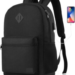 Travel Backpack with USB Charging Port, 15.6-inch Laptop Compartment,Backpack for Women and Men, Casual School Backpack Teen Boys and Girls Water Resistant, Bookbag with USB Charger for College Black