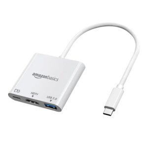 Amazon Basics 3in1 USB Type C to HDMI Adapter 4K@30Hz, 100W PD Fast Charging Port, USB A 3.0 @5Gbps Speed, MultiPort HUB for MacBook Pro Air, Windows, Laptop, iPad, Tablet, All Type C Devices -White