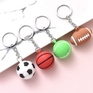 AK Store (Set of 4) 3D Basketball Football/Soccer Ball Rugby Tennis Ball Silicone Rubber Keychain, Bag Backpack Car Hanging Ornament Ball, Game Fan Keychain, Sports Reward Keyring