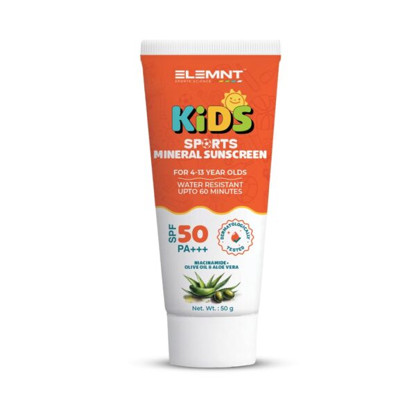 Elemnt Kids Sunscreen for Sports | SPF 50, PA+++ Dermatologically Tested, Water Resistant Mineral Sunscreen | Kid friendly formulation with Niacinamide, Olive Oil & Aloe Vera | Kids Sunscreen for Girls, Boys 4 to 13 year old – 50gm