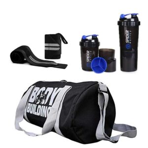 Body bulding Gym Bag Combo Sports Bag Men’s Combo of Leather Gym Bag, Black Wrist Support Band and Spider Shaker Bottle (Blue)