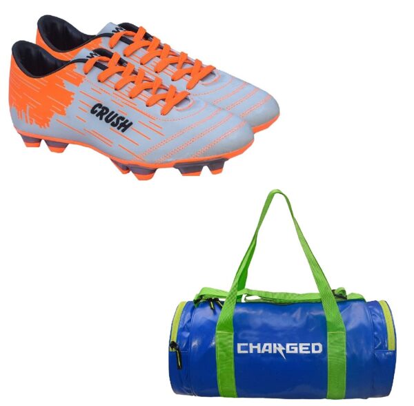 Charged Sports Bag Artize Blue with Gowin Football Shoe Crush Silver Orange Size-9