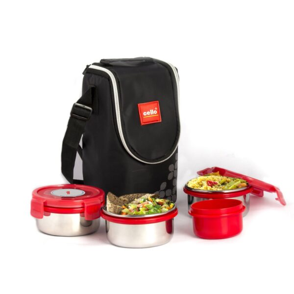 CELLO MF Click Stainless Steel Leakproof Lunch Box Set with Bag, 4 Containers – 300ml x 3 & 140ml, Red