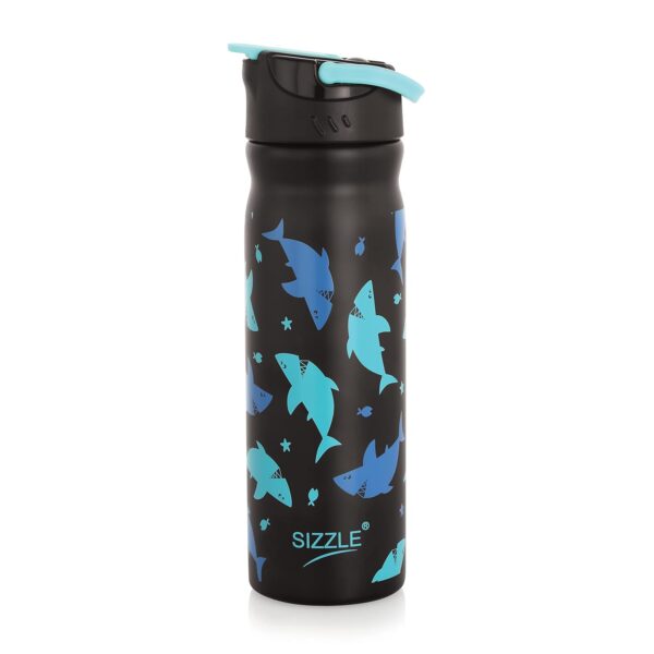 SIZZLE (DEVICE OF CURVED LINES) Shark Stainless Steel Water Bottle for KIDS 500 ML | Lightweight Leakproof Sipper Water Bottle | BLACK PACK OF 1 PC