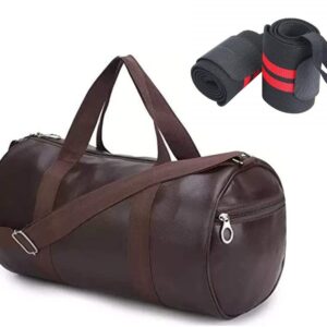 Raizex Combo Pack Of Pu-Leather Gym Bag Gym Duffel Bag With Shoulder Strap For Men’s & Women’s With Red Wrist Support Band For Daily Exercise., 23 Cm