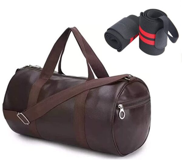 Raizex Combo Pack Of Pu-Leather Gym Bag Gym Duffel Bag With Shoulder Strap For Men’s & Women’s With Red Wrist Support Band For Daily Exercise., 23 Cm