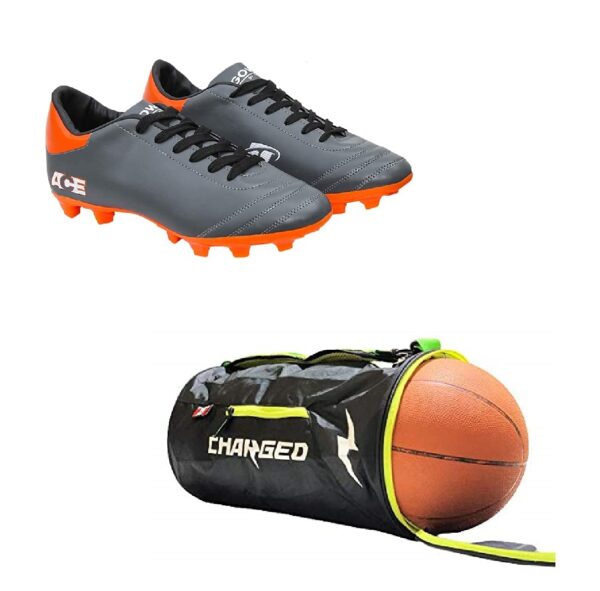 Charged Sports Bag Bueno Black Lime with Gowin Football Shoe Ace Grey Orange Size-5