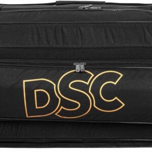 DSC 2002 Cricket Wheelie Kitbag | Color: Black & Gold | Size: 94 x 35.5 x 35.5 cm | for Men & Boys | Material: Polyester | 2 Padded Bat Pockets on The Back | Full Foam Padding