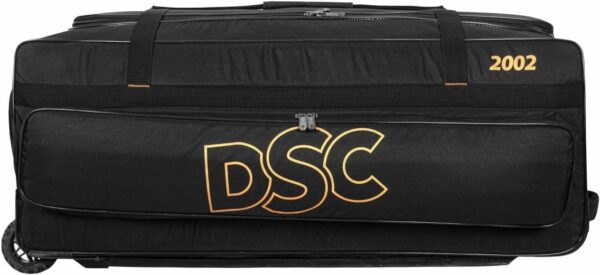 DSC 2002 Cricket Wheelie Kitbag | Color: Black & Gold | Size: 94 x 35.5 x 35.5 cm | for Men & Boys | Material: Polyester | 2 Padded Bat Pockets on The Back | Full Foam Padding