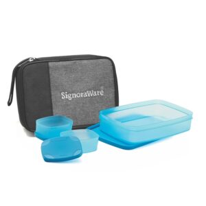 SIGNORA WARE Compact Lunch Box Set Of 3 With Zipered Bag, Bpa Free Plastic, Microwave Safe Food Grade Tiffin Boxes Office School, Leak Proof Air Tight (850Ml+100Ml+100Ml,Rectangular,Blue)