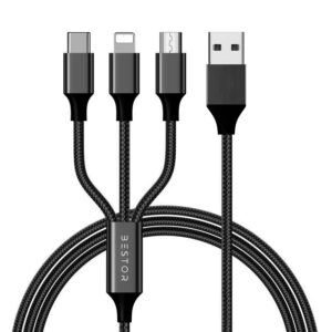 BESTOR® 3-in-1 Multi Charging Cable – Nylon Braided Fast Charging Cable for Android, iOS, Type-C Devices – Compatible with Smartphones & Tablets (Black)