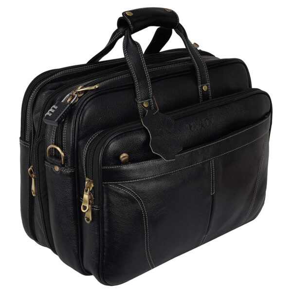 HYATT Leather Accessories 16 Inch Expandable Leather Laptop Briefcase Office Bags for Men (NDML0001) (BLACK)