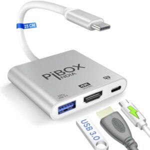 PiBOX India USB C Hub 3-in-1 HDMI Adapter 4K@30Hz | 100W PD Charging | USB 3.0 Port | Type C to HDMI Multiport Dongle for Laptops, Tablets & Smartphones | Compatible with Thunderbolt 3/4, DEX (Silver)