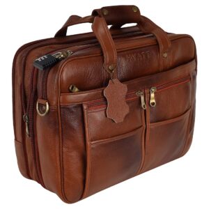 HYATT Leather Accessories 16 Inch 24 litres Capacity Leather Laptop Office Briefcase for Men Upto16 inch Laptop Compartment Dimension-L-16 X H-12 X W-6 Inch Weight-1.4 KG (Brown)