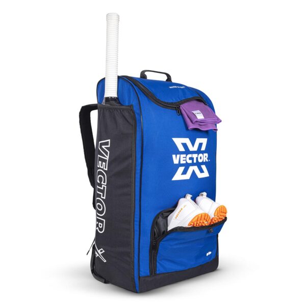 Vector X Greenfield Pro 60 Ltr. PU Polyester Cricket Backpack Senior Kit With Wheel Trolley Bag|1 Pocket for Bat|Shoe & Accessories Pockets|1 Water Bottle Holders|Lightweight|Dual Opening (Blue-Black)