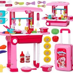 Zest 4 Toyz Acrylonitrile Butadiene Styrene Kitchen Set for Kids Girls Big Cooking Set Light and Sound Portable Trolley Pretend Play Toys Battery Operated (Pink-C)