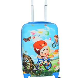 DPARANI Kid’s 20 Inches Blue Boy on Cycle Cartoon Print Polycarbonate Trolley Bag Suitcase for Baby Girl’s & Boy’s