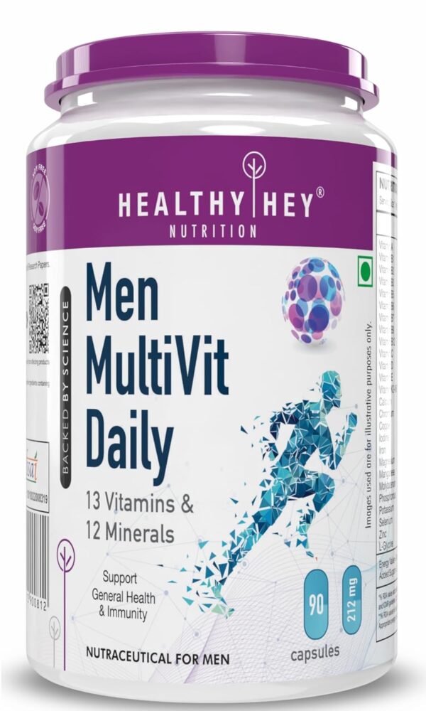 HealthyHey Nutrition MultiVitamin for Men – Multi-Vit Daily – 13 Vitamins & 12 Minerals – 90 Vegetable Capsules