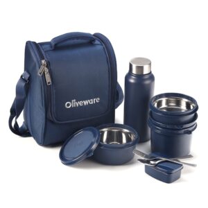 SOPL-OLIVEWARE Teso Pro Lunch Box with Steel Cutlery, 3 Microwave Safe Inside Steel Containers with BPA free Lids(290ml, 450ml & 600ml), Plastic Pickle Box(130ml), Steel Water Bottle(750ml) – Blue