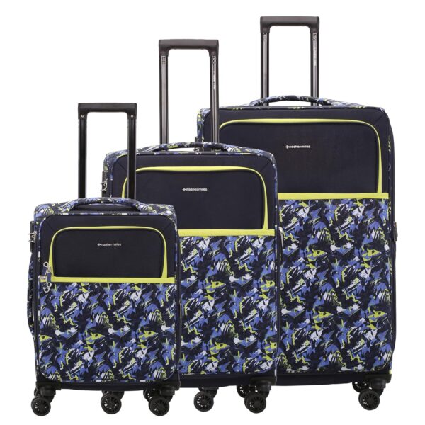 Nasher Miles Bristol Expander Soft-Sided Polyester Printed Luggage Bag Luggage Set of 3 Blue Green Trolley Bags (55, 65 & 75 cm)