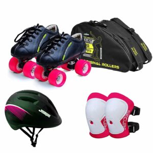 jaspo Skater Girl Eco Outdoor Wheel Shoe Skate Combo (Outdoor Wheel Shoe Skates+ Helmet+Knee+Bag) (Size-1 Uk (Age 7-8 Yrs), Skater Girl Eco), Multicolor