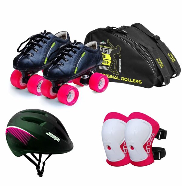 jaspo Skater Girl Eco Outdoor Wheel Shoe Skate Combo (Outdoor Wheel Shoe Skates+ Helmet+Knee+Bag) (Size-1 Uk (Age 7-8 Yrs), Skater Girl Eco), Multicolor