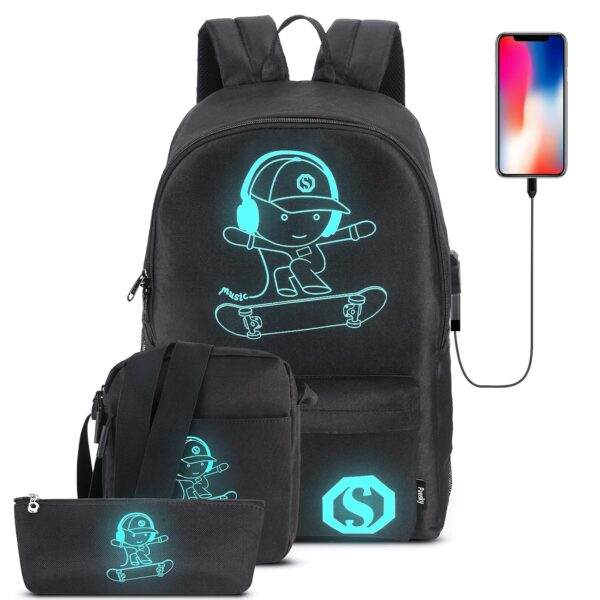 Pawsky Nylon Skateboard Anime Luminous Backpack School Backpack With Usb Charging Port,Anti Theft Lock,Sling Bag&Pencil Case For Teen Boys&Girls,College School Bookbag Lightweight Laptop Bag,Black