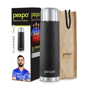 Pexpo Thermosteel Flip Lid Flask Flamingo Pro, 1000 milliliters, Black | Stainless Steel Bottle with Jute Bag | Leak Proof | Travelling | School | Office | Men,Women & Kids| Limited RCB Edition