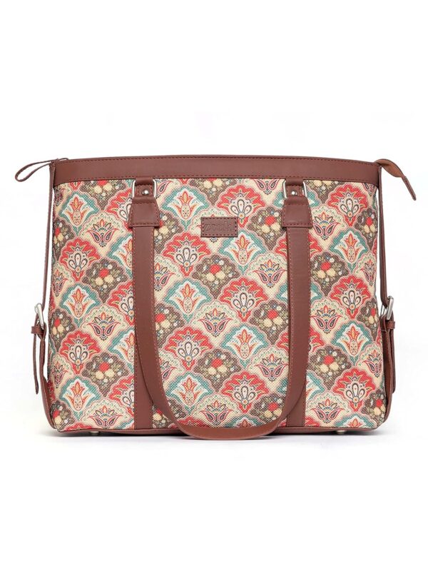 ZOUK Mughal Art Printed Handmade Vegan Leather Women’s Office Bag for 15.6 inch Laptop with Double Handles