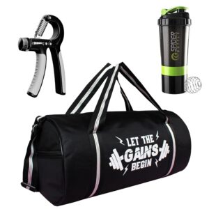 Duffle Gym Bag for Men Combo Set of Duffle Polyester Bag with Shaker Bottle-500ml,Gym Gloves |Gym Bags|Hand Grip Strengthener|Duffle Gym Bags for Men|Hand Gripper for Men & Women (Green)