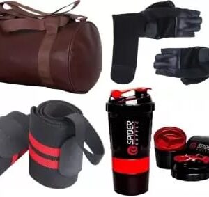 Emmcraz Gym Bag with Spider Bottle with Wrist Support & Gym Gloves Home Gym Kit (Dry Bag) Combo(Pack of 4) (Brown)