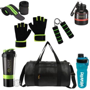 Gym Bag Combo for Men ll Gym Bag with Shoe Compartment and, Black Bottle, Black Gloves, Black Wrist Band ll Gym kit for Men and Women ll Gym Bag & Fitness Kit & Gym Bag Combo (Green)