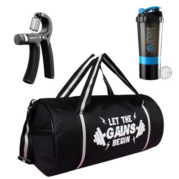 Gym Bag for Men Combo Set of Duffle Polyester Bag with Shaker Bottle-500ml,Gym Gloves |Gym Bags|Hand Grip Strengthener|Duffle Gym Bags for Men|Hand Gripper for Men & Women|Gym Bag Combo (Blue)