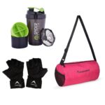 Gym Bag for Men Women Boys Girls Kit with Gym Shaker Bottle Bpa Free & Gym Gloves with Wrist Support - Ideal Gym Kit Combo (Pink)