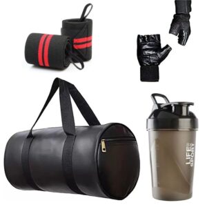 Gym Combo Set for Men and Women Workout Gym Bag with Gym Glove with Wrist Support Band and Life Black Shaker Bottle