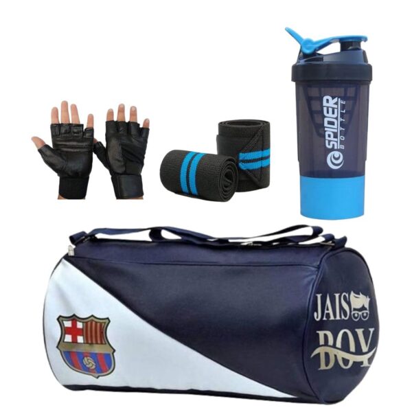 JAISBOY FCB Combo Set Gym Bag with Gym Gloves with Wrist Support Band and Shaker Bottle 600ml