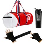 New 2024 Gym Bag Combo for Men l Gym Bag with Shoe Compartment and, Shaker Bottle,Black Gloves ll Gym kit for Men and Women ll Gym Bag & Fitness Kit & Gym Bag Combo (RED+Black)