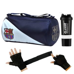 Premium Gym Bag Combo for Men l Gym Bag with Shoe Compartment and, Shaker Bottle,Black Gloves ll Gym kit for Men and Women ll Gym Bag & Fitness Kit & Gym Bag Combo (Blue+White)