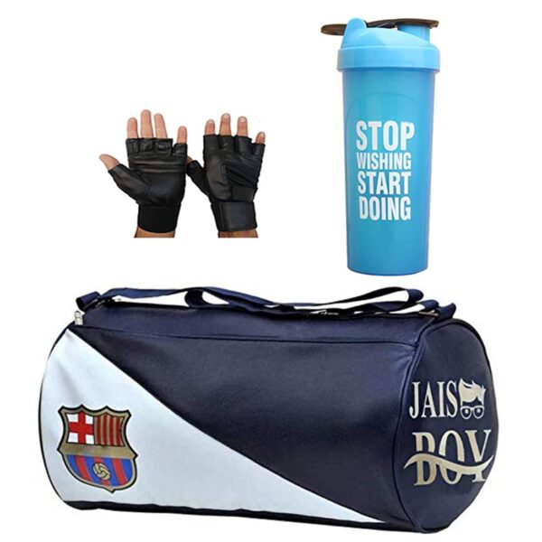 Sports Men’s Combo of Leather Gym Bag, Stop Shaker Bottle with Black Gloves Fitness Kit Accessories (FCB)