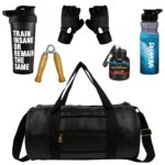 True Indian Ultimate Gym Accessories Combo Set for Men and Women Workout - Boost Your Workout with Duffle Bag, Gloves, Wodden Gripper & Whey Container Bottle Sipper Bottle Gym Shaker (Black+White)