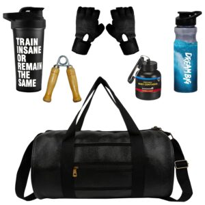 True Indian Ultimate Gym Accessories Combo Set for Men and Women Workout – Boost Your Workout with Duffle Bag, Gloves, Wodden Gripper & Whey Container Bottle Sipper Bottle Gym Shaker (Black+White)